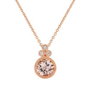 aa thornotn 9ct rose gold round morganite with trefoil diamond pendant on a chain