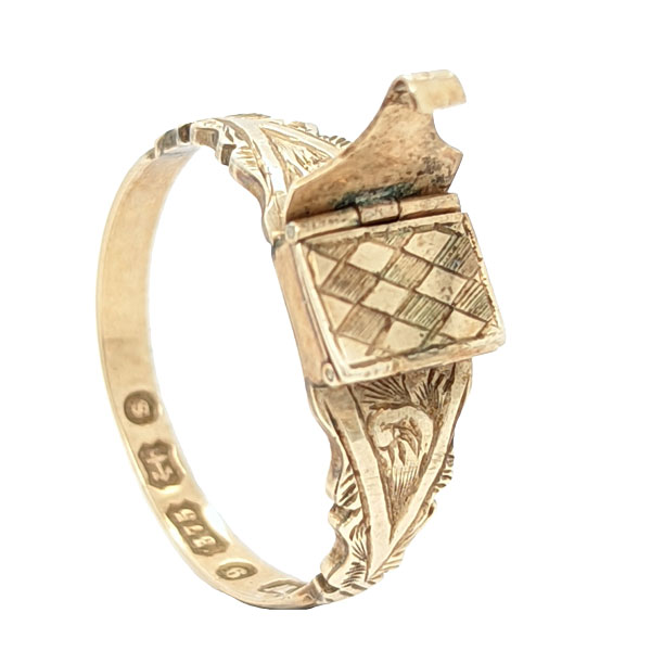 9ct gold engraved picture ring first hinge open from Sally Thorntons jewellery blog on historical rings at Thornton Jeweller Kettering Northampton
