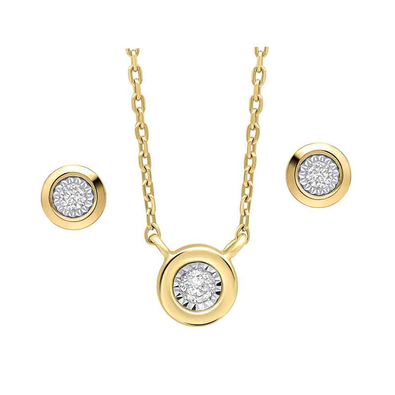 9ct yellow gold illusion set diamond necklet £430 & stud earrings £310