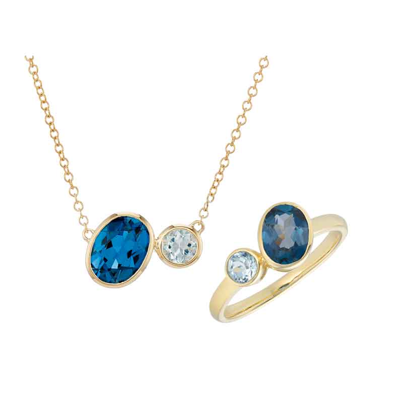 9ct yellow gold ‘Toi et Moi’ style blue topaz necklet £545 & ring £599