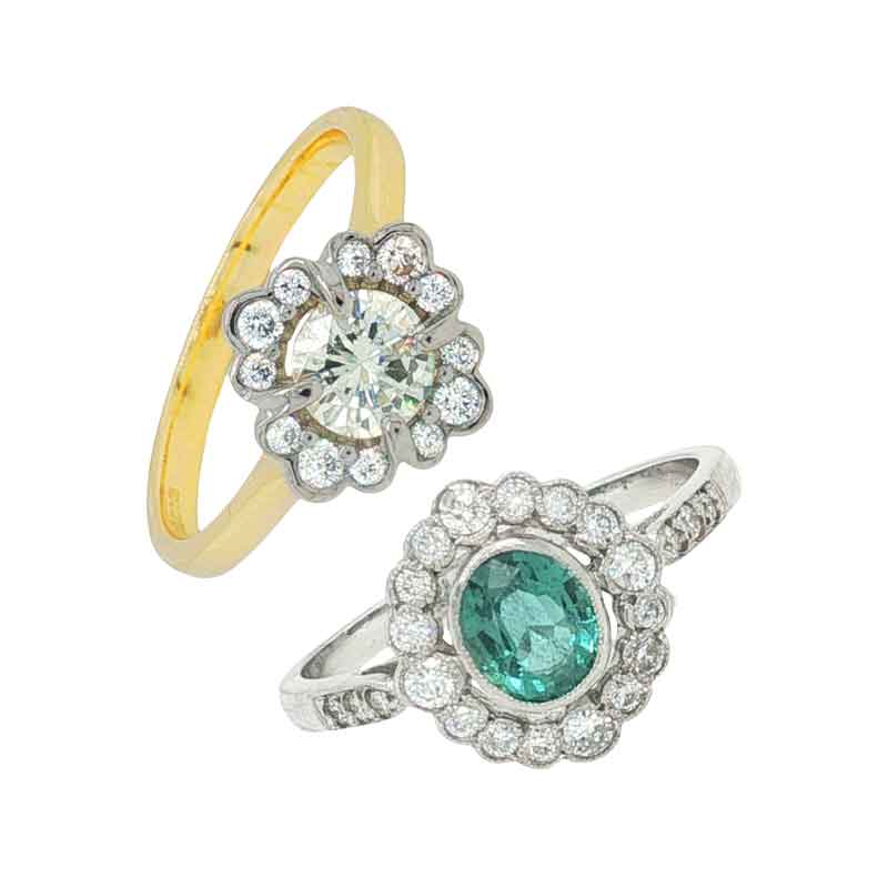 Preloved cluster rings, 18ct yellow gold diamond and platinum emerald & diamond from AA Thornton Blog