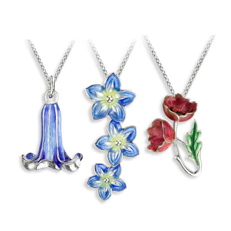 Sterling silver enamel pendants, bluebell , Forget-Me-Not & poppy on AA Thornton Article 