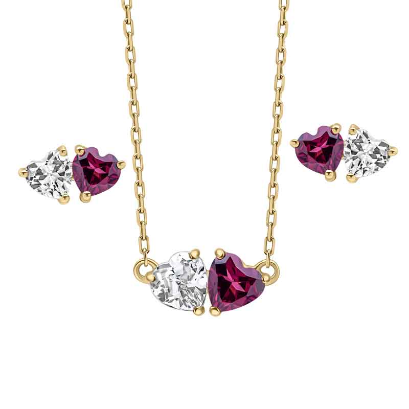aa thornton 9ct yellow gold garnet & white topaz double heart pendant with chain £499 & earrings £288