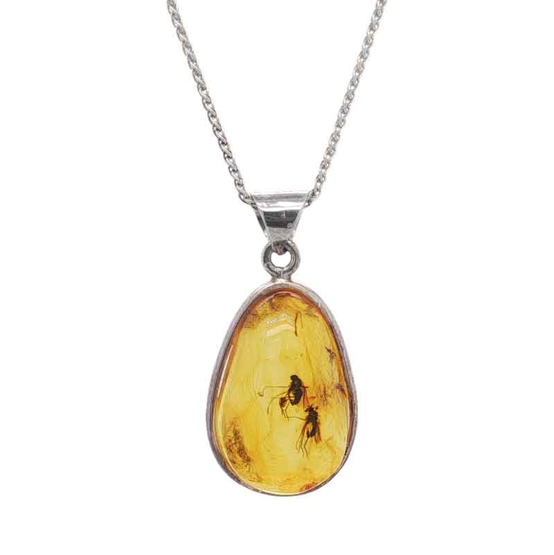 Silver amber pendant with insect on chain 
