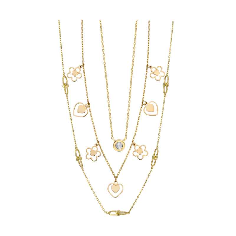 aa thornton 9ct illusion set diamond pendant on a chain £445, 9ct flower & heart necklace £350, 9ct chain and bar necklet £665