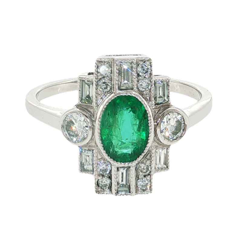 Antique platinum emerald and diamond panel ring