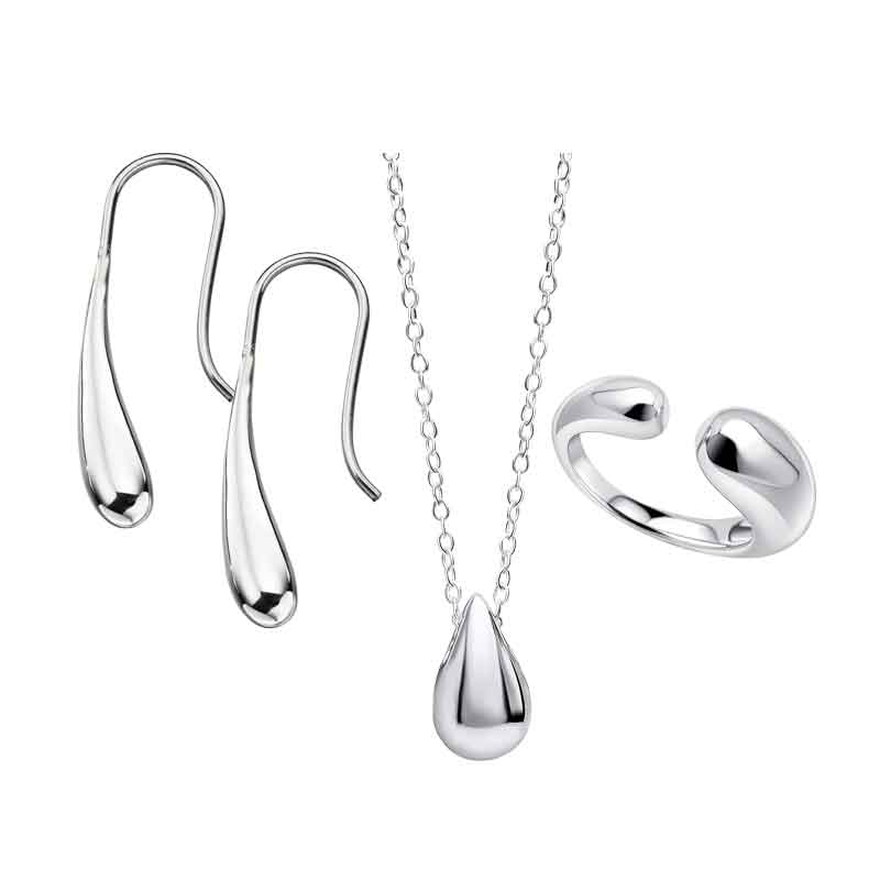 aa thornton Silver long drop earrings £35, teardrop pendant on chain £59 and open organic ring £65
