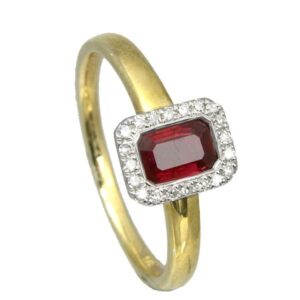 9ct yellow gold emerald cut ruby & diamond cluster ring £650 on Sally Thornton Jewellery blog fro Thorntons Jewellers Kettering Northampton