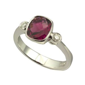 9ct white gold 3 stone pink tourmaline and diamond ring from AA Thornton