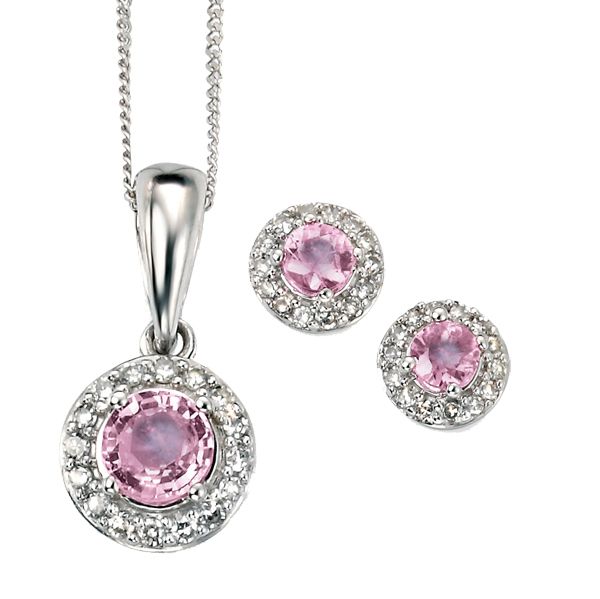 9ct white gold pink sapphire and diamond cluster pendant and earrings from AA Thornton Kettering