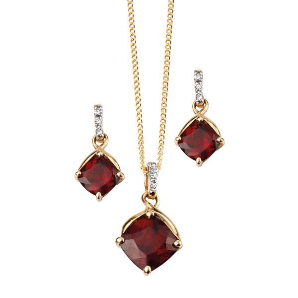 9ct yellow gold garnet & diamond drop earrings & pendant from AA Thornton Kettering Northampton Stamford