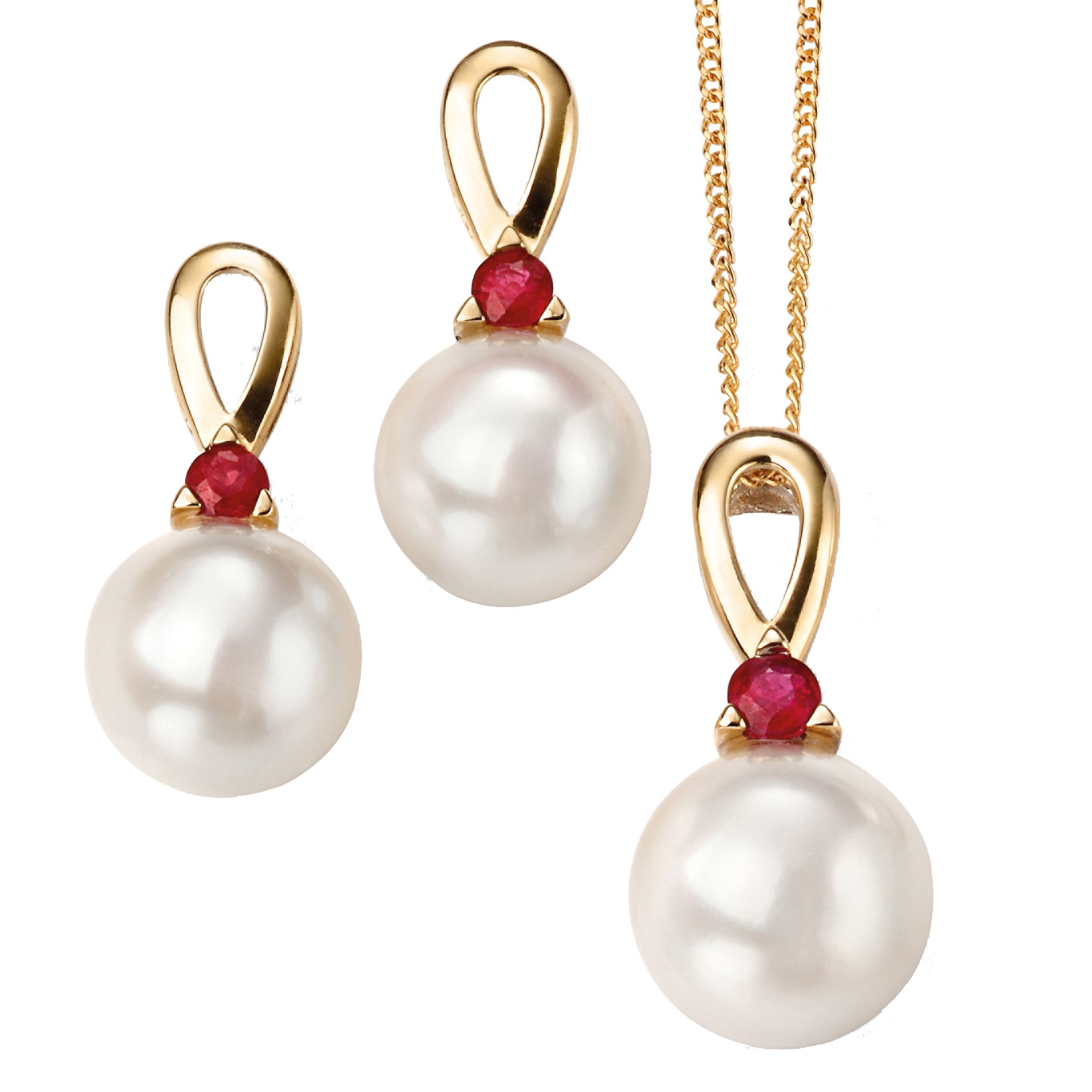 9ct yellow gold ruby & pearl drop earrings  & pendant from AA Thornton Kettering Northampton