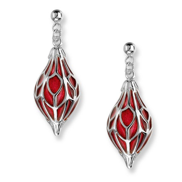 Red plique-a-jour enamel silver drop earrings from AA Thornton Kettering Northampton