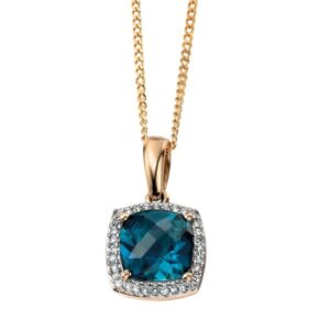 London blue cushion topaz and diamond set pendant on a chain from AA Thornton Kettering Northampton