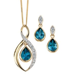 Pear shape London blue topaz with diamond surround pendant on a chain and earrings from AA Thornton Kettering Northampton