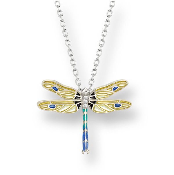 Reproduction of an antique enamelled silver & yellow dragonfly necklet set with white sapphires from AA Thornton Kettering Northampton