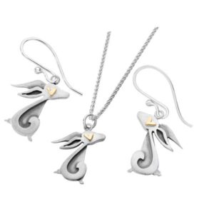 Silver & 9ct gold Eden hare earrings and pendant from AA Thornton Kettering Northampton