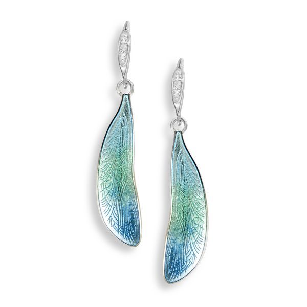 Silver blue enamel dragonfly wing earrings with white sapphires from AA Thornton Kettering Northampton
