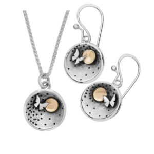 Silver 9ct gold Butterfly Moon earrings pendant