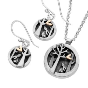Silver & 9ct gold Woodlands earrings and pendant