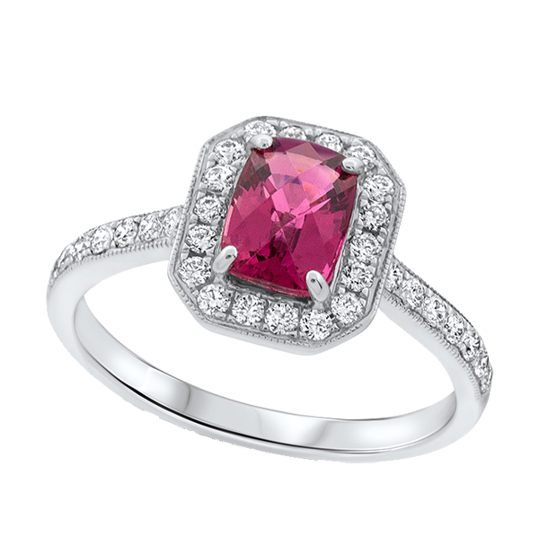18ct white gold rubelite and diamond cluster ring from from AA Thornton Kettering Northampton