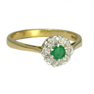 Pre loved18ct emerald & diamond cluster ring £495 our ref 95234