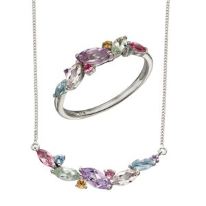 9ct white gold set with pink tourmaline, sky blue topaz, citrine, amethyst, rose de France amethyst, green amethyst, morganite necklace & ring from AA Thornton Kettering