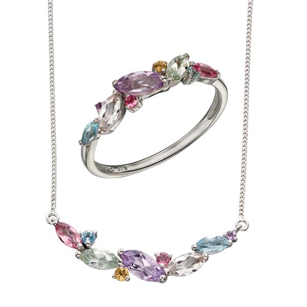 9ct white gold set with pink tourmaline, sky blue topaz, citrine, amethyst, rose de France amethyst, green amethyst, morganite  necklace & ring from AA Thornton Kettering 