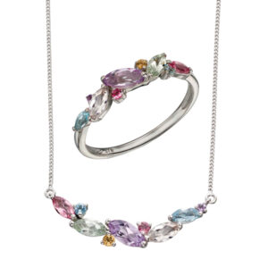 9ct white gold set with pink tourmaline, sky blue topaz, citrine, amethyst, rose de France amethyst, green amethyst, morganite ring & necklace from AA Thornton Kettering Northampton