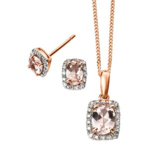 9ct rose gold morganite and diamond cluster pendant stud earrings from AA Thornton Kettering Northampton