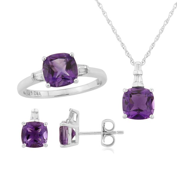 9ct white gold amethyst and diamond ring, necklace & earrings from AA Thornton Kettering Northamptonshire