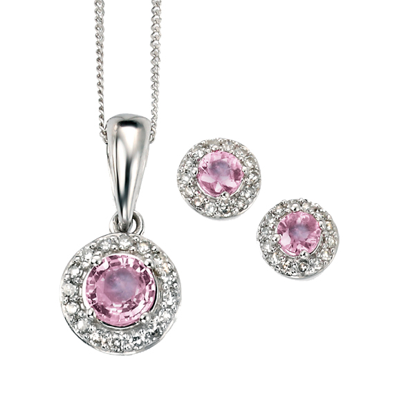 9ct white gold pink sapphire and diamond cluster pendant and earrings from AA Thornton Kettering Northampton.