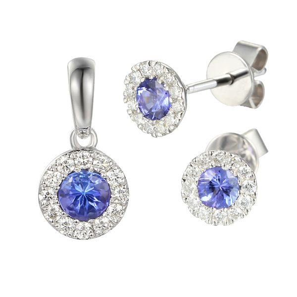 9ct white gold tanzanite & diamond cluster pendant & earrings from AA Thornton Kettering Northampton Stamford Oakham