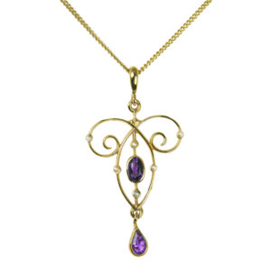9ct yellow gold amethyst and seed pearl pendant on a chain from AA Thornton Kettering Northampton