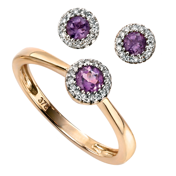 9ct yellow gold amethyst & diamond cluster ring & earrings from AA Thornton Kettering Northampton Stamford