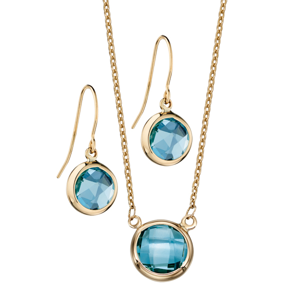 9ct yellow gold blue topaz round faceted necklace & earrings from AA Thornton