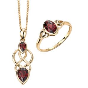 9ct yellow gold celtic garnet pendant on a chain and ring from AA Thornton Kettering Northamptonshire