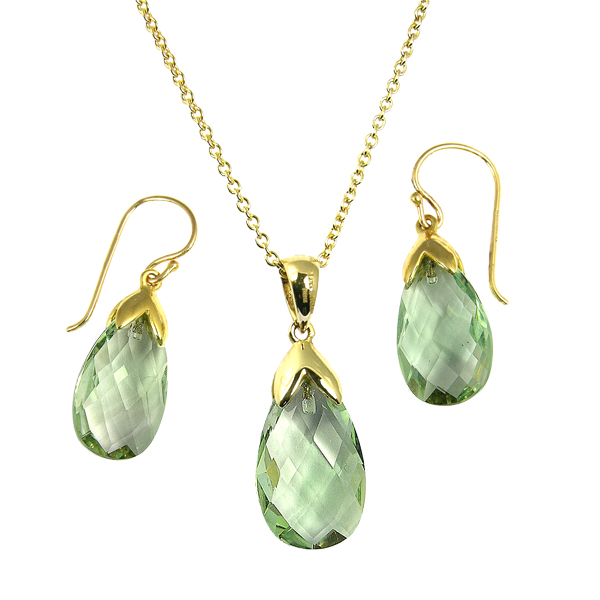 9ct yellow gold facated green amethyst drop earrings and a pendant on a chain from AA Thornton Kettering Northants Northamptonshire 