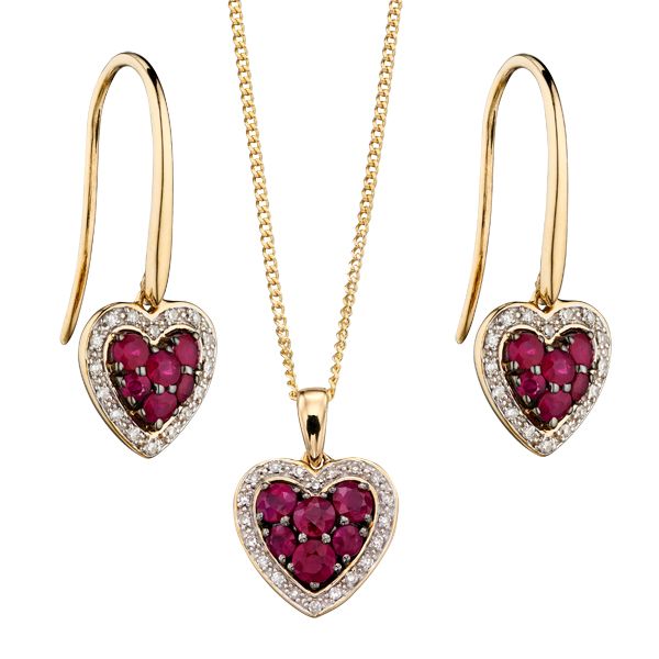 9ct yellow gold ruby and diamond heart cluster pendant and drop earrings from AA Thornton Kettering Northampton