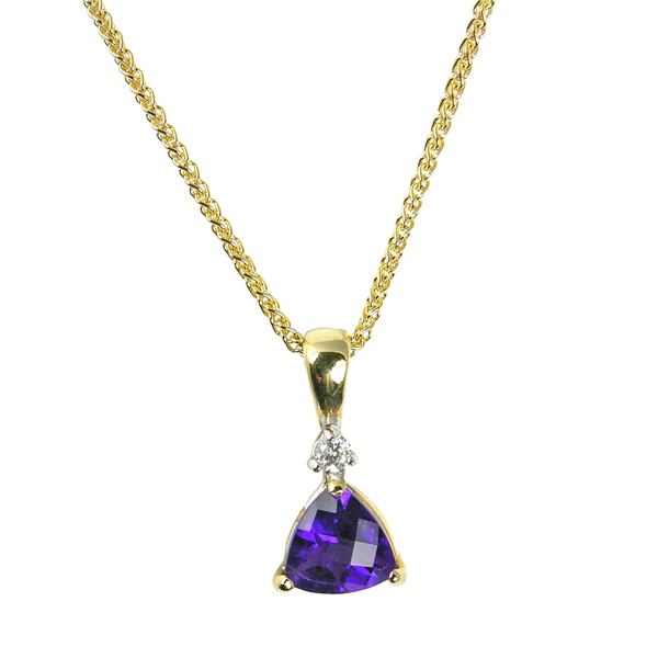 9ct yellow gold trillion cut amethyst and diamond pendant on a chain from AA Thornton Kettering Northampton