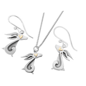 Linda Macdonald Silver and Gold Hare earrings and pendant from AA Thornton Kettering Northampton Stamford Oakham