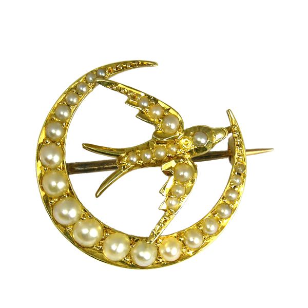 second hand pre loved cresent & swallow seed pearl brooch from AA Thornton Kettering Northampton