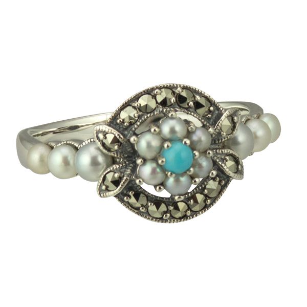 Silver Turquoise Marcasite & Pearl Cluster Ring from AA Thornton