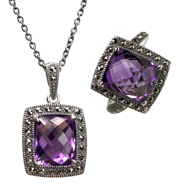 Silver amethyst & marcasite pendant & ring from AA Thornton Kettering Northampton