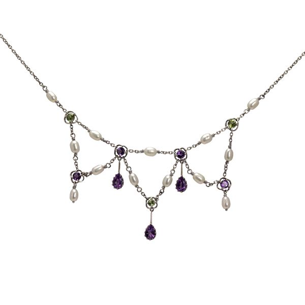 Silver amethyst, pearl & peridot drop necklace from AA Thornton Kettering Northampton