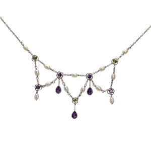 Silver amethyst, pearl & peridot drop necklace from AA Thornton Kettering Northampton Oundle Stamford & Oakham