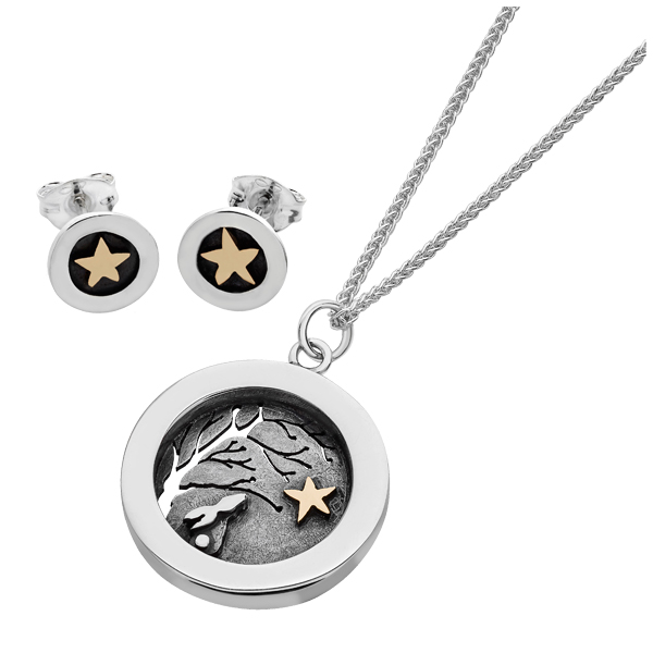 Linda Macdonald Silver and 9ct GoldTwilight stud earrings and pendant on chain from AA Thornton Kettering Northampton Stamford