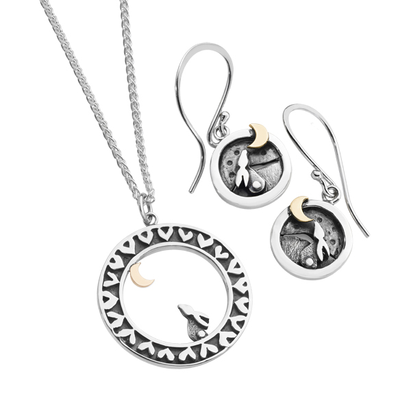 Linda Macdonald Silver and 9ct gold Moondance drop earrings and pendant on chain from AA Thornton Kettering Northampton Stamford