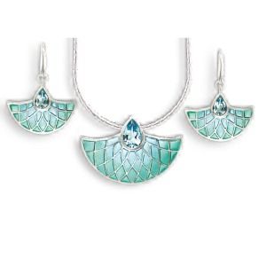aa thornton Silver aqua enamel with blue topaz fan wire earrings & necklet