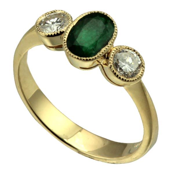 18ct yellow gold 3 stone diamond (0.50pt) and emerald yellow gold ring £3,200 from Sally Thornton Jewellery blog at Thorntons Jewellers Kettering